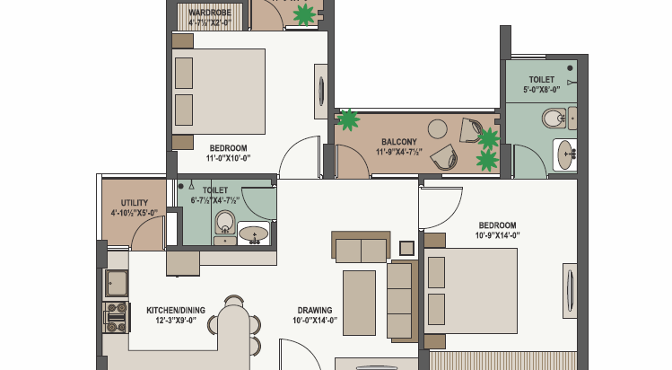 2 BHK A- SALEABLE AREA- 1009.18 SQ.FT