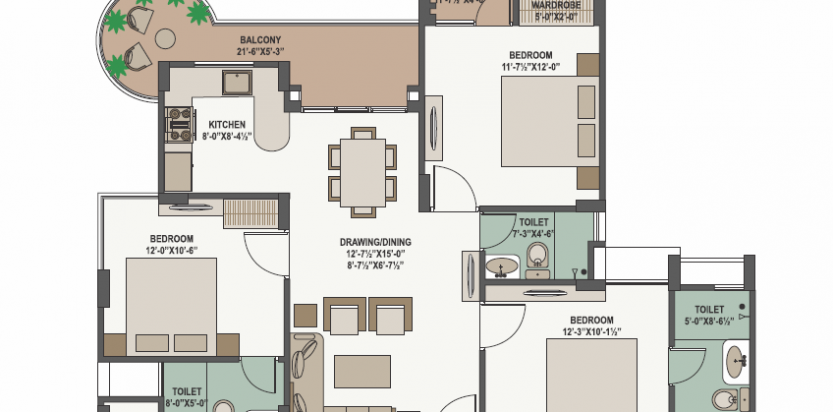 3 BHK- SALEABLE AREA- 1398.23 SQ.FT.